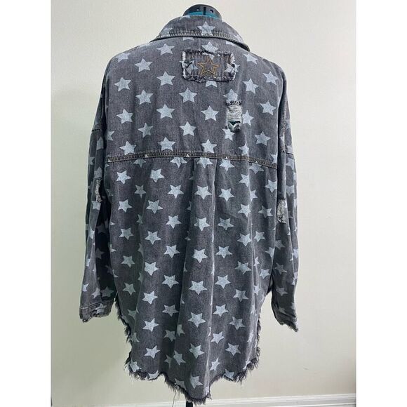 POL Denim Jacket Distressed Oversized Loose Fit Gray White Stars Y2K Size L - Picture 3 of 8
